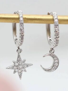 18k White Gold Plated CZ Moon & Star Dangle Hoop Earrings. Sparkling Celestial.